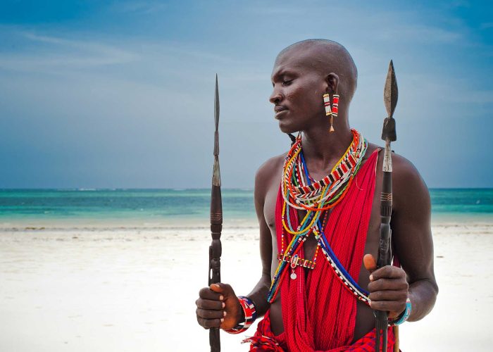 Guerrier Maasai posant devant un paysage de Tanzanie